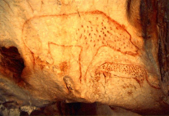 Image Description: Cave Painting featuring a hy(a)ena and                 another unidentified maculated animal.